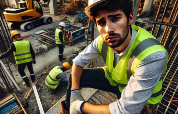DALL·E 2024-09-24 13.16.41 – A construction worker on a busy worksite, looking stressed and tired. He is wearing a safety helmet, reflective vest, and work boots, surrounded by ma DALL·E 2024-09-24 13.16.41 - A construction worker on a busy worksite, looking stressed and tired. He is wearing a safety helmet, reflective vest, and work boots, surrounded by ma
